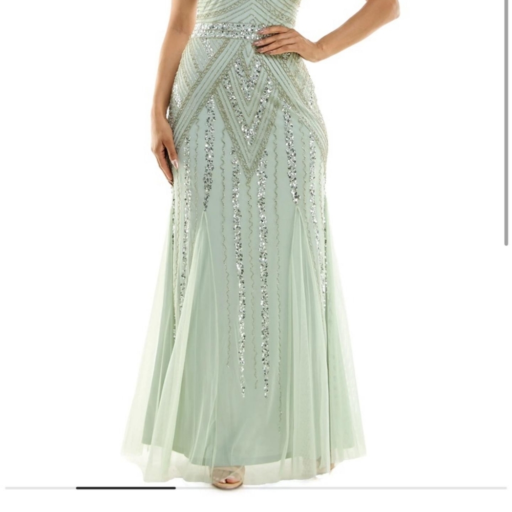 MARINA Sage Green Beaded Spaghetti-Strap Maxi Gown - Picture 3 of 3